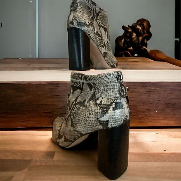 Franco Sarto Kortney Booties Snakeskin Print Pointed Toe 3.5" Block Heel Zip - Picture 4 of 9